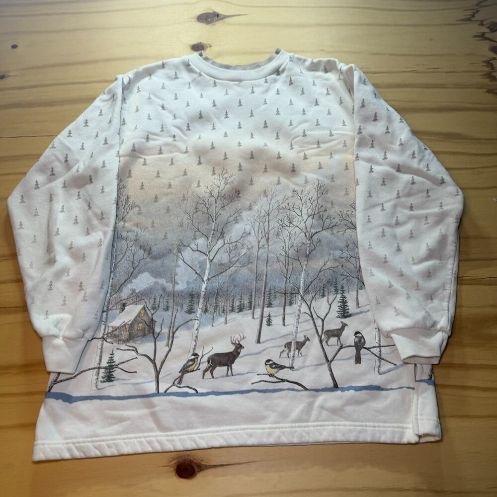 VTG 90s Artisans Sunschein Designs Winter Snow Nature AOP Sweatshirt Womens XL